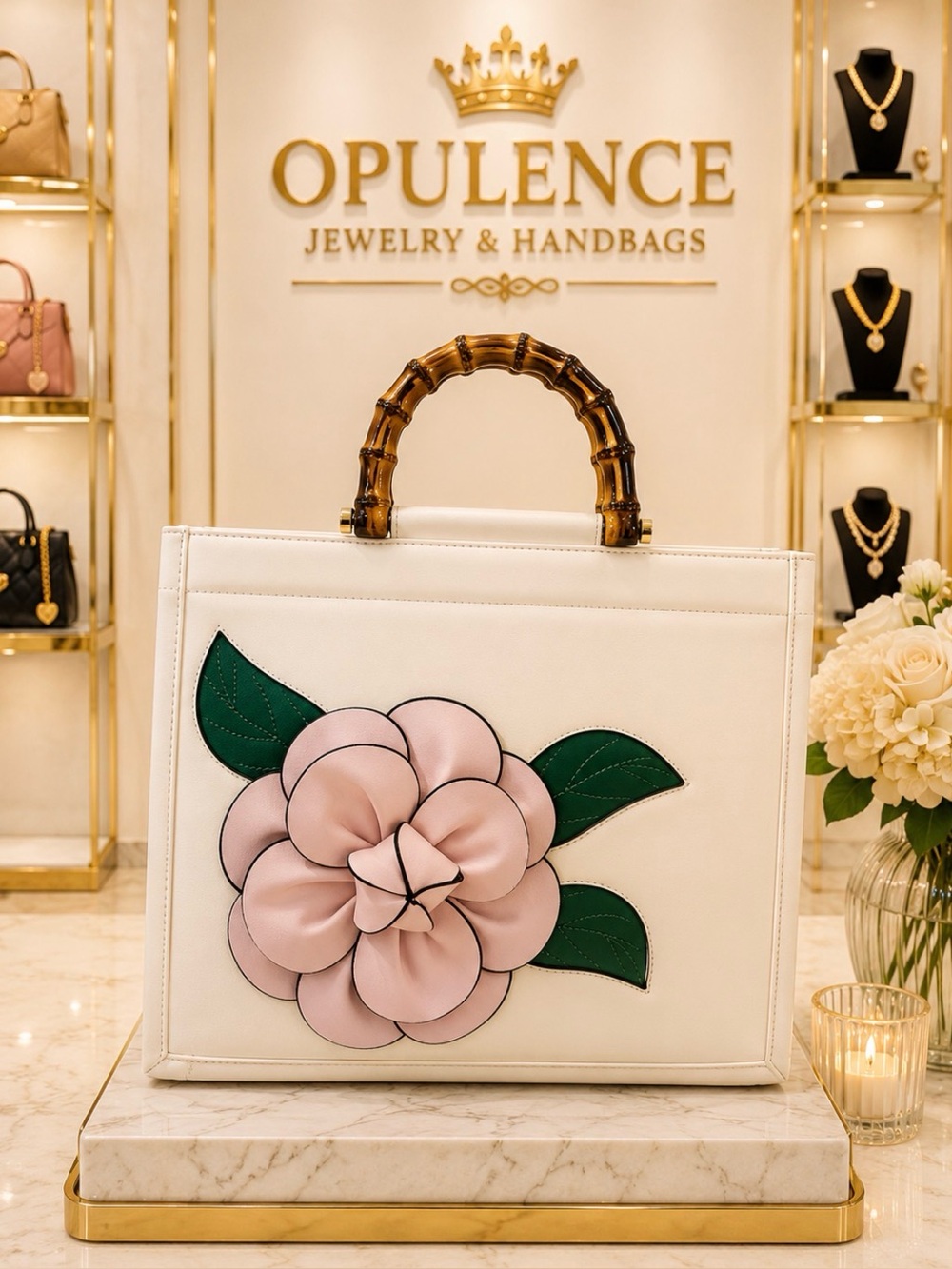 White Leather Tote with Pink Floral Applique and Bamboo Handle